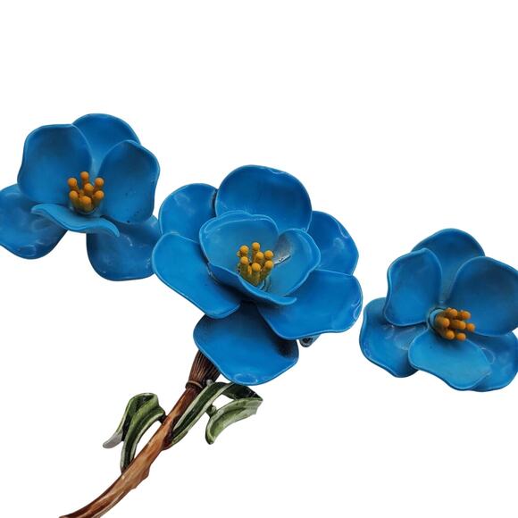 Blue Flower Power Brooch & Clip Earrings Enamel Pin Hippie Boho Vintage 1960s - Picture 2 of 6